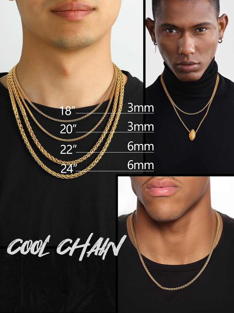 PROSTEEL 18K Gold Plated Wheat Layering Necklace Twisted Chain Mens Jewelry 6mm Hip Hop Gold Chain for Men - Image 3